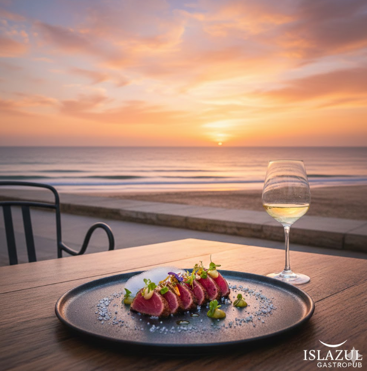 Plato de atún rojo y vino blanco frente a la playa de Cádiz - Islazul Gastropub